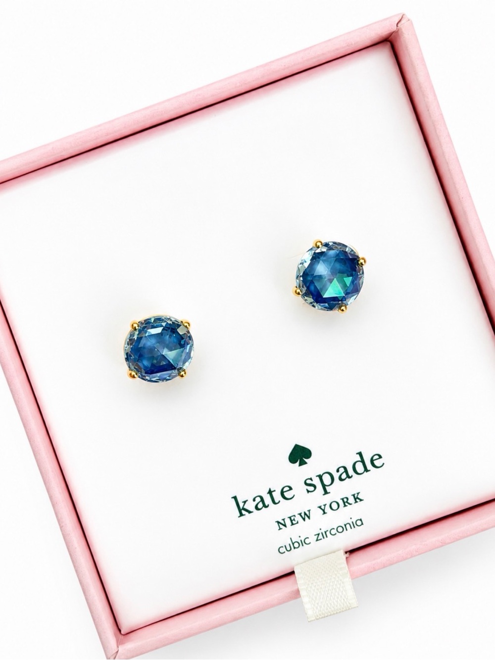 NWT Kate Spade Bright Ideas Sapphire Blue Crystal CZ Gold Tone Stud Earrings
